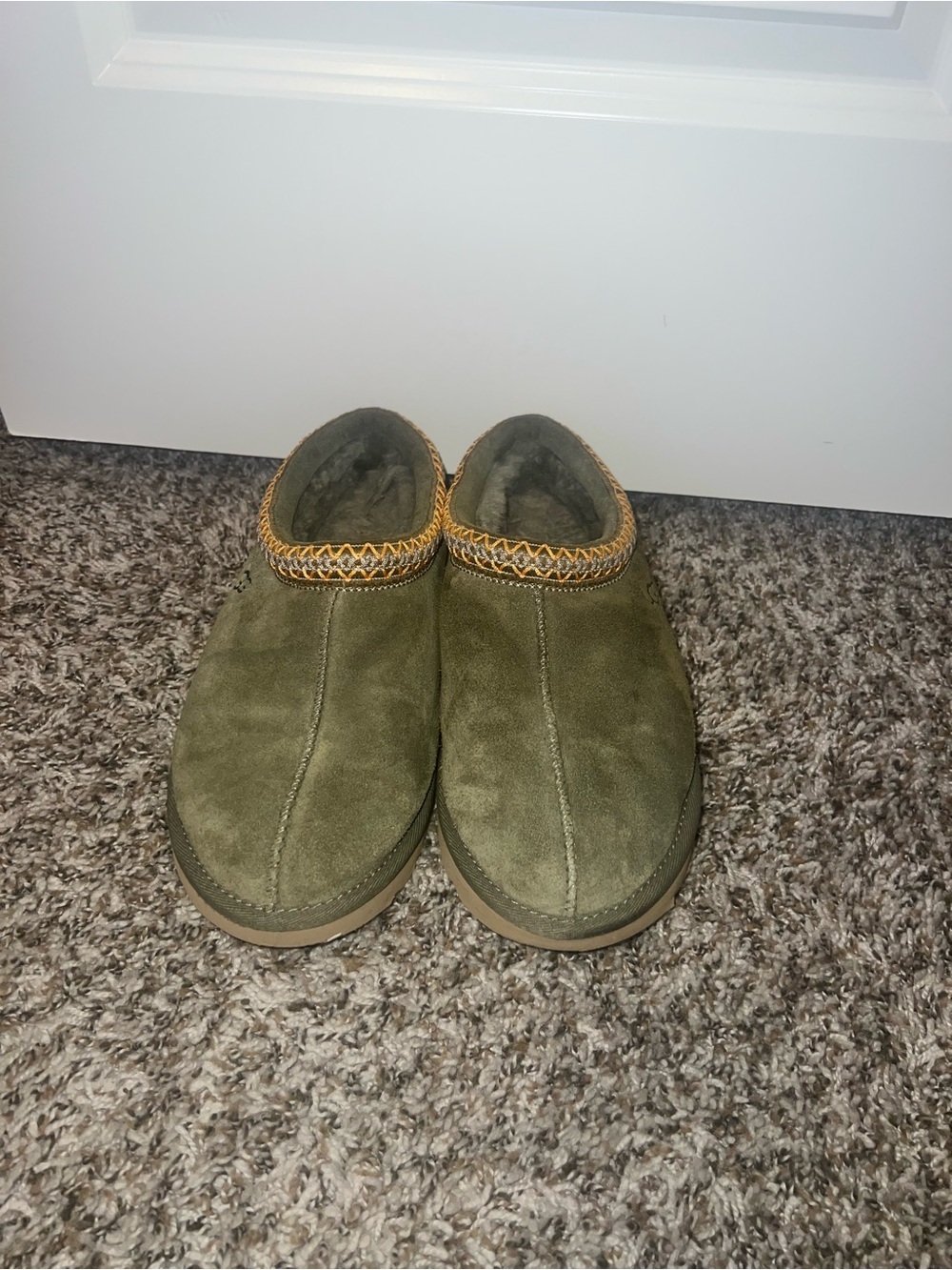 UGG Olive Green Suede Slip-On Slippers with Contrast Trim